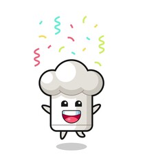 happy chef hat mascot jumping for congratulation with colour confetti