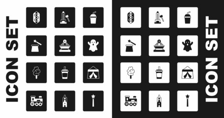 Set Paper glass with water, Boat swing, Magic hat and wand, Hotdog sandwich, Ghost, Striker attraction hammer, Circus tent and Cotton candy icon. Vector