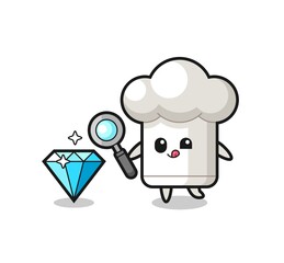 chef hat mascot is checking the authenticity of a diamond