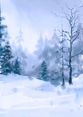 Watercolor winter landscape. Snowy forest background. Card or invitation design with woods. Evergreen trees, fir and snow scene