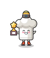 chef hat cartoon as an ice skating player hold winner trophy