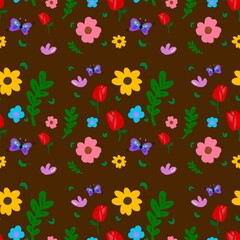 Seamless floral pattern on brown background. Flat flower hand drawn style for decorating website wrapping paper or fabric textile