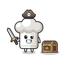 the chef hat pirate character holding sword beside a treasure box