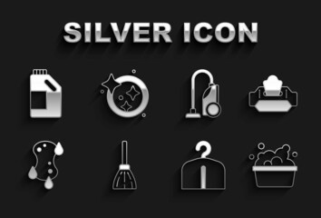 Set Handle broom, Wet wipe pack, Basin with soap suds, Hanger wardrobe, Sponge, Vacuum cleaner, Bottle for cleaning agent and Washing dishes icon. Vector