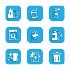 Set Bar of soap, Home cleaning service, Trash can, Dishwashing liquid bottle, Sponge, Washer, Air freshener spray and icon. Vector