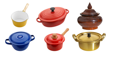 Group of enamel and wooden pot on white background