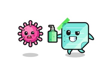 Fototapeta premium illustration of blue sticky notes character chasing evil virus with hand sanitizer