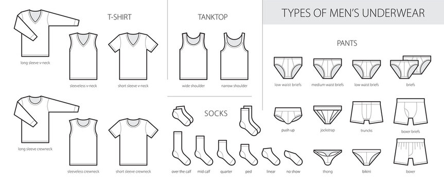 Male underwear types flat thin line vector icons set. Man briefs fashion styles linear collection. Front view. Underclothes infographic elements. Classic briefs, boxers, trunks, bikini, strings, thong
