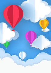 Air ballon and cloud in the blue sky. Paper art style.