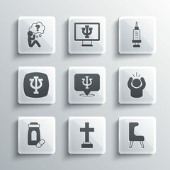 Set Graves funeral sorrow, Armchair, Anger, Psychology, Psi, Sedative pills, Head with question mark and Addiction to the drug icon. Vector