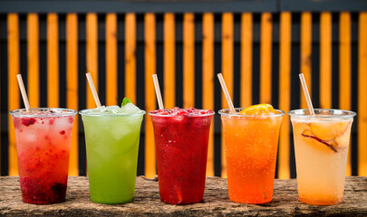 colourful Lemonade in transparent cup, five summer lemonades - 450474854