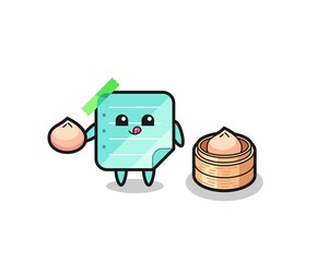 Fototapeta premium cute blue sticky notes character eating steamed buns