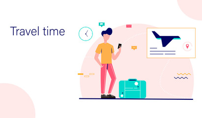 Landing page template. Man traveler waiting for departure. Waiting room interior. Vector illustration.