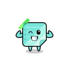the muscular blue sticky notes character is posing showing his muscles