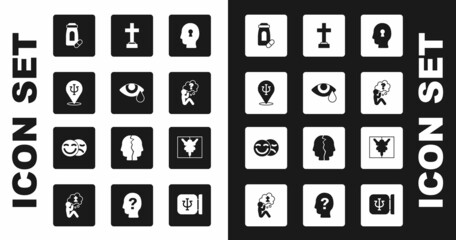 Set Solution to the problem, Tear cry eye, Psychology, Psi, Sedative pills, Head with question mark, Graves funeral sorrow, Rorschach test and Comedy and tragedy masks icon. Vector