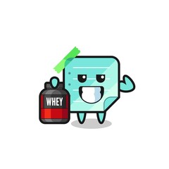 the muscular blue sticky notes character is holding a protein supplement