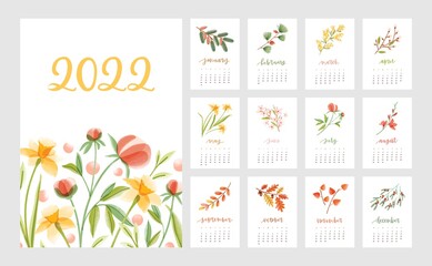 Floral calendar for year 2022 with month pages set and flowers. Botanical romantic design for planner. Modern flora decoration for monthly organizer. Colored flat vector illustration for printing - obrazy, fototapety, plakaty