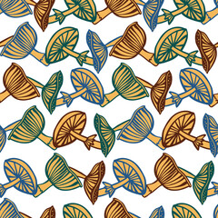 Vector seamless colorful pattern with lined mushrooms or fungi in yellow tones