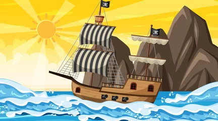 Acrylic prints Ocean with Pirate ship at sunset time scene in cartoon style