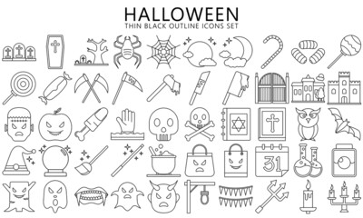 Fototapeta na wymiar Halloween thin black outline Icons set, include ghost, candy, mask, skull, zombie, moon and others. Used for modern concepts, web, UI or UX kit and applications, EPS 10 ready convert to SVG