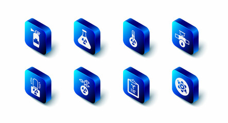 Set Test tube radiation, Meteorology thermometer, Industry pipe and valve, Atom, Radiation warning document, Radioactive, lamp and Fire extinguisher icon. Vector