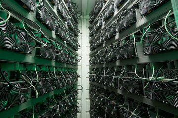 Bitcoin miners in large farm. ASIC mining equipment on stand racks mine cryptocurrency in steel...
