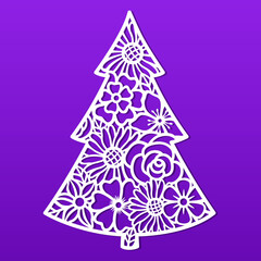 Christmas vector tree with flowers. Floral template for laser, paper cutting. Decorative ornate illustration. Silhouette for cards, flyers, print. Modern design for winter holidays. Home decoration.