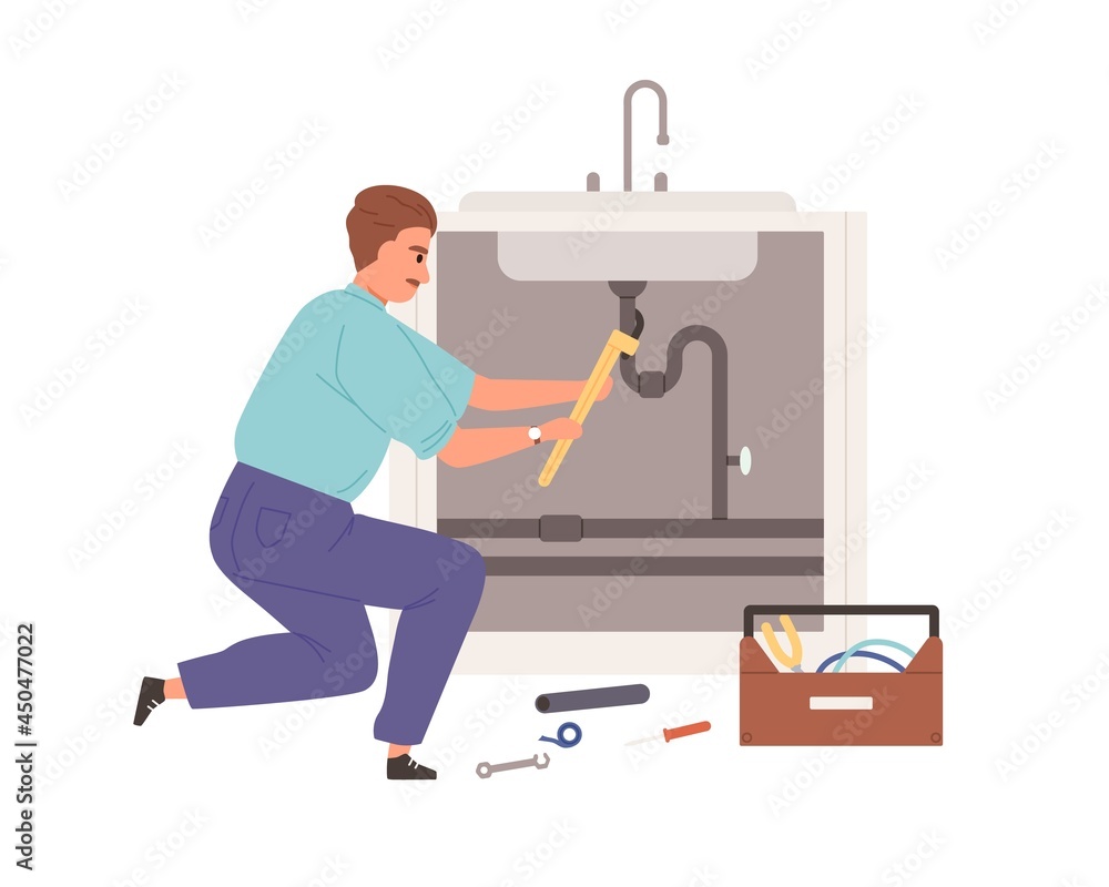 Poster plumber repairing plumbing, fixing pipe leak under sink. worker installing tube. home master working