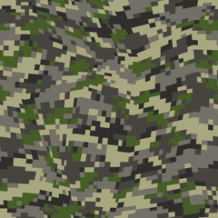Pixel camouflage texture seamless pattern. Abstract modern digital curve geometric dotted camo ornament for fabric and fashion textile print. Vector background.