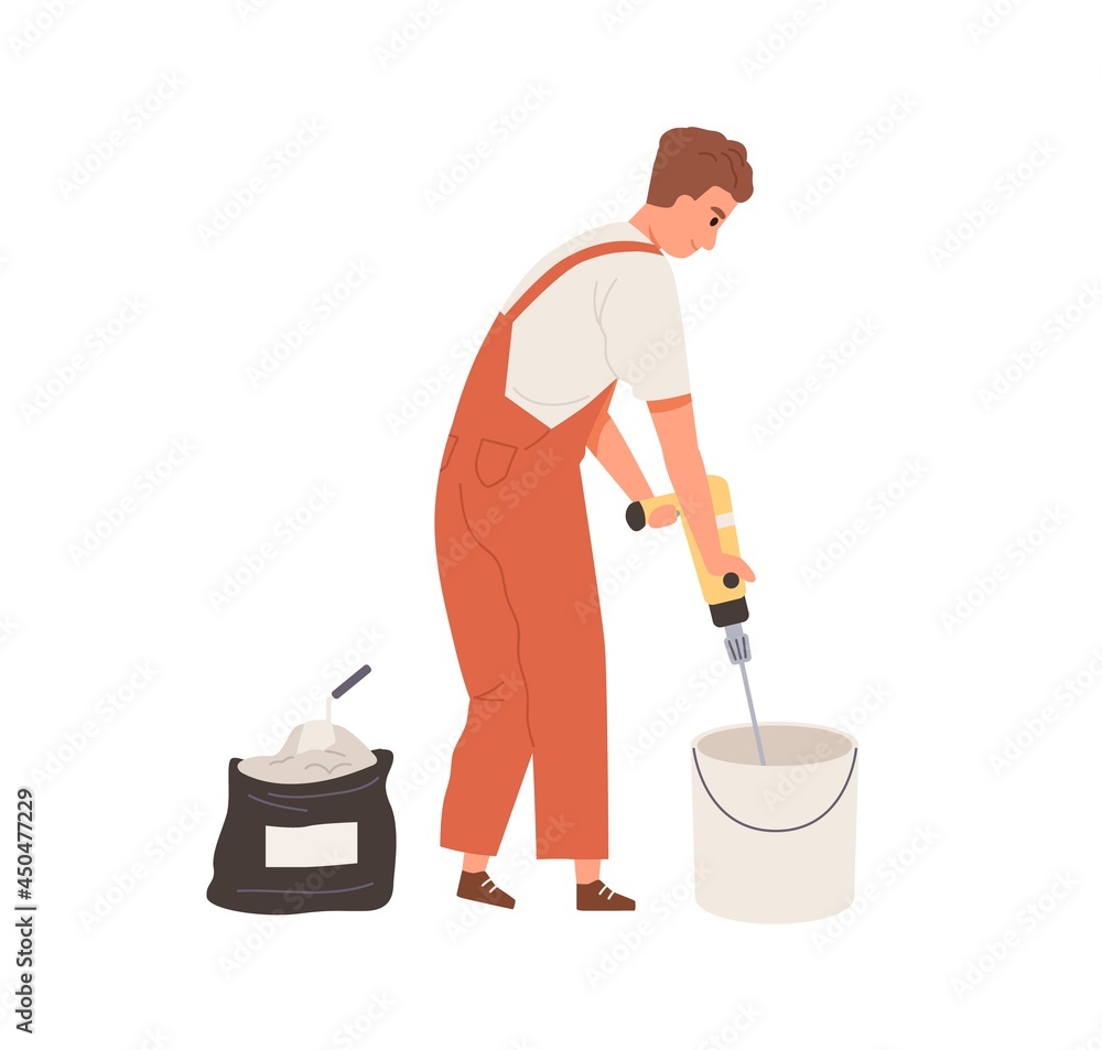Poster professional plasterer working with wall putty, mixing plaster in bucket with electric paddle tool. 