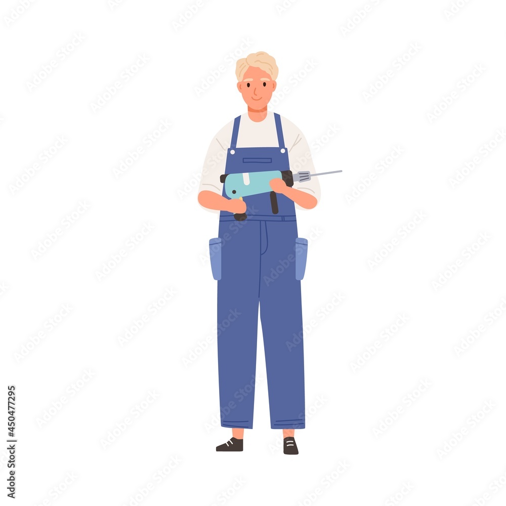 Poster man worker holding electric drill tool for repair. portrait of happy builder in uniform. smiling han
