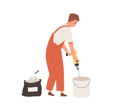 Professional plasterer working with wall putty, mixing plaster in bucket with electric paddle tool. Repairman in overalls with plasterboard mixer. Flat vector illustration isolated on white background