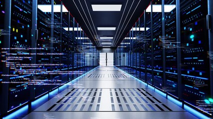 Loop Animation of data processing, digital Global network of internet information flowing through network of computer servers in a server room. Broadcast technology and computers news report - Powered by Adobe