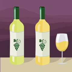 Bottles of white wine and a glass of wine on a background of hills