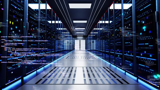 Loop Animation of data processing, digital Global network of internet information flowing through network of computer servers in a server room. Broadcast technology and computers news report