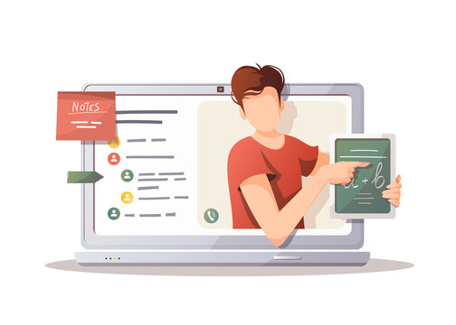 Laptop with teacher on the screen. Studying, Online training, distance education, e-learning, tutorials and courses. Isolated Vector illustration for poster, banner.