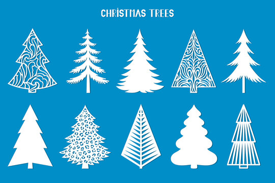Christmas tree silhouette. Vector set template for laser, paper cutting. Decorative ornate illustration. Trees for cards, flyers, print. Modern design for winter holidays. Home decoration.