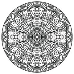 mandala with abstract flowers and drawn folk style figures for coloring on a white background, vector