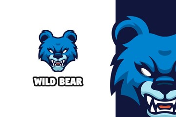 Blue Angry Bear Mascot Logo Illustration