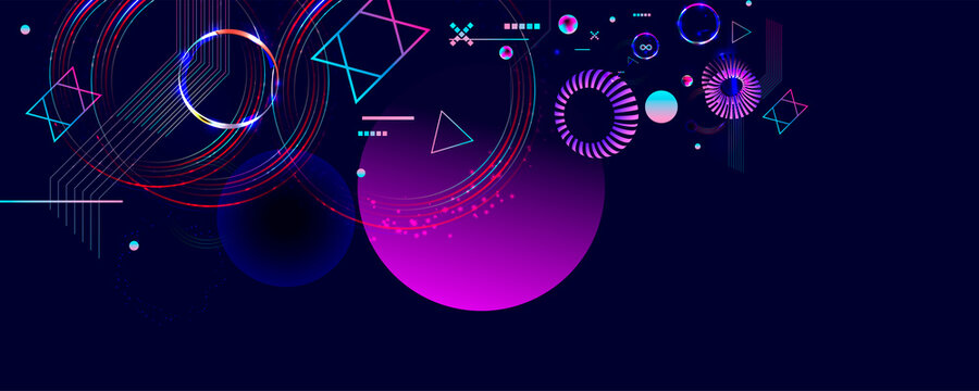 Dark retro futuristic art neon abstraction background cosmos new art 3d starry sky glowing galaxy and planets blue circles