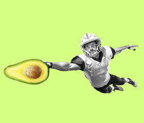 Fit young man running with good food on color background. Male american football player with...
