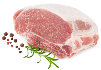 sliced raw pork meat with rosemar and peppercorn isolated on white background. Clipping path and full depth of field