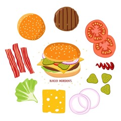 Burger and burger ingredients isolated on white. Hamburger Creation Product Kit. Chopped vegetables, bun, cutlet, sauce, bacon. Flat design for menu cafe, restaurant, poster. Burger ingredients