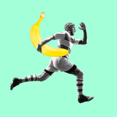 Fototapeta na wymiar Fit young man running with good food on color background. Male rugby player with banana as ball. Healthy eating concept.