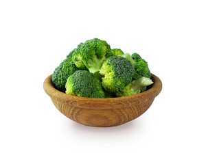 Broccoli in wooden bowl. Broccoli isolated on white. Broccoli with copy space for text. Broccoli on white background.