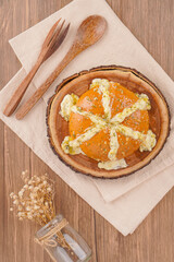 Korean Garlic bread consists of bread topped with garlic and olive oil or butter and may include additional herbs, such as oregano or chives. It is then either grilled in bread oven.