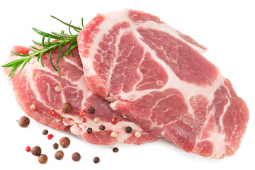 Fototapeta premium sliced raw pork meat with rosemar and peppercorn isolated on white background. Clipping path and full depth of field