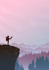 The girl on top of the mountain looks at the map. Hiking. Adventure. Travel concept of discovering, exploring and observing nature. Polygonal minimalist graphic flat design illustration.