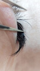 Lash extensions in beauty salon macro eye top view 