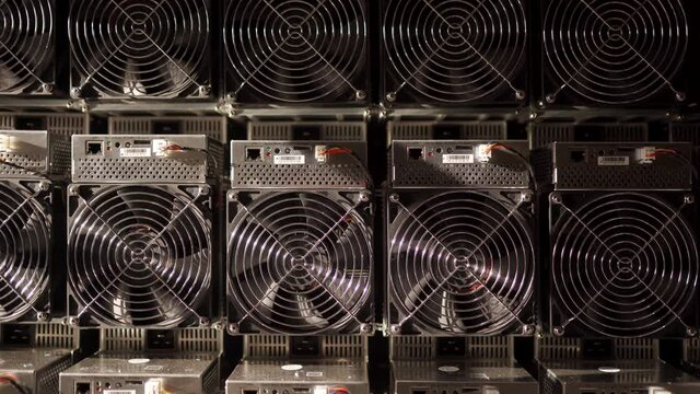 Bitcoin ASIC miners in warehouse. ASIC mining equipment on stand racks for mining cryptocurrency in steel container. Blockchain techology application specific integrated circuit units storage.